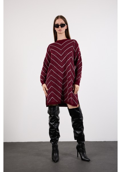 Kadın Bordo Yan Yırtmaçlı Bisiklet Yaka Sim Desenli Triko Bluz indirimleri