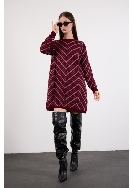 Kadın Bordo Yan Yırtmaçlı Bisiklet Yaka Sim Desenli Triko Bluz