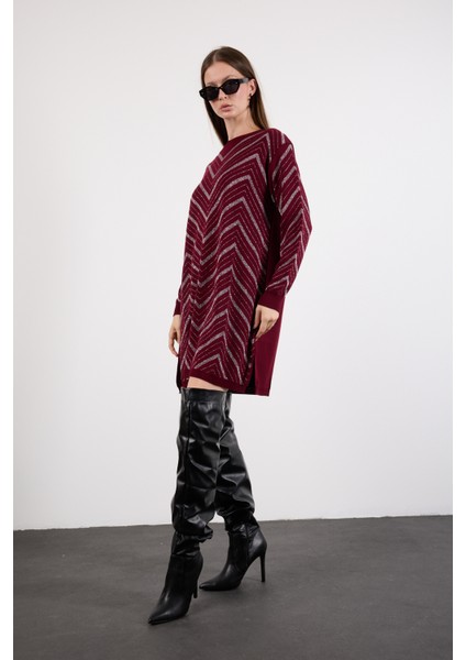 Kadın Bordo Yan Yırtmaçlı Bisiklet Yaka Sim Desenli Triko Bluz
