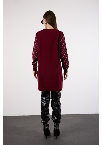 Kadın Bordo Yan Yırtmaçlı Bisiklet Yaka Sim Desenli Triko Bluz