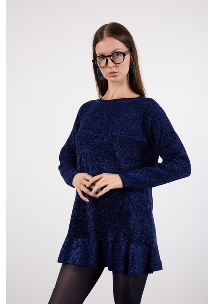 Kadın Koyu Laci Reglan Kollu Fırfırlı Etek Ucu Simli Triko Kazak