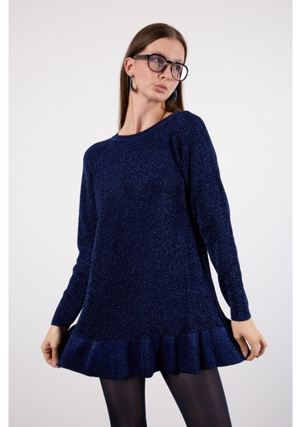 Kadın Koyu Laci Reglan Kollu Fırfırlı Etek Ucu Simli Triko Kazak fiyatları