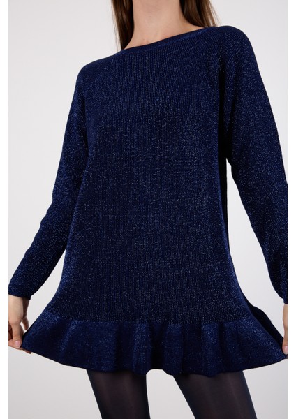 Kadın Koyu Laci Reglan Kollu Fırfırlı Etek Ucu Simli Triko Kazak modelleri