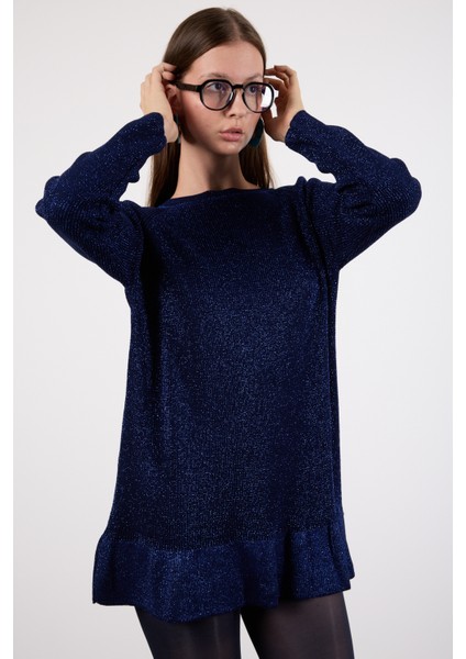 Kadın Koyu Laci Reglan Kollu Fırfırlı Etek Ucu Simli Triko Kazak fırsatları