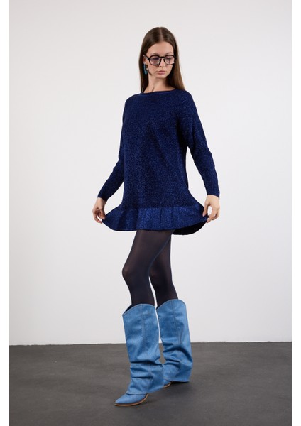 Kadın Koyu Laci Reglan Kollu Fırfırlı Etek Ucu Simli Triko Kazak