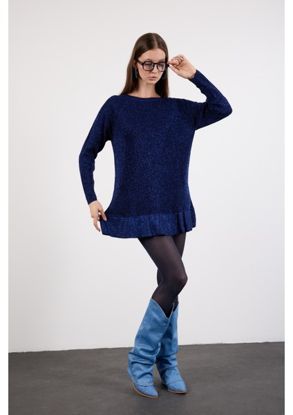 Kadın Koyu Laci Reglan Kollu Fırfırlı Etek Ucu Simli Triko Kazak