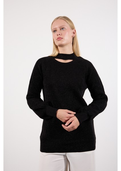 Kadın Siyah Reglan Balon Kollu Choker Yaka Simli Triko Kazak