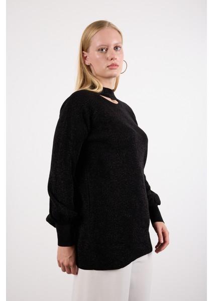 Kadın Siyah Reglan Balon Kollu Choker Yaka Simli Triko Kazak fiyatları