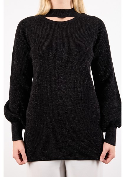 Kadın Siyah Reglan Balon Kollu Choker Yaka Simli Triko Kazak fırsatları