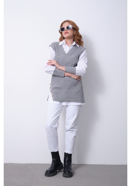 Fitilli Triko Süveterli Gömlek Ikili Kombin