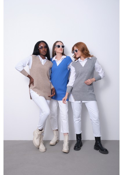 Fitilli Triko Süveterli Gömlek Ikili Kombin