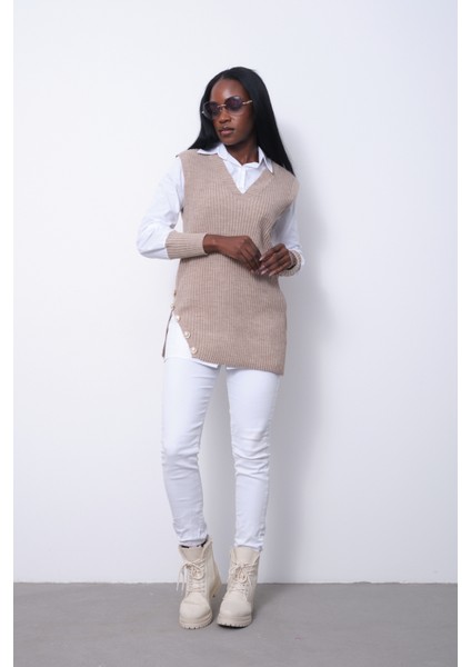 Fitilli Triko Süveterli Gömlek Ikili Kombin