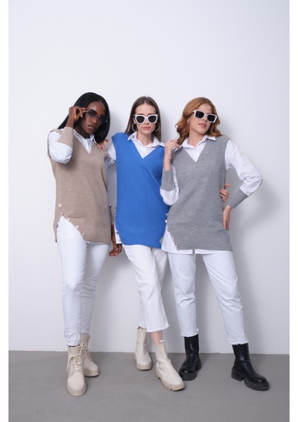 Fitilli Triko Süveterli Gömlek Ikili Kombin