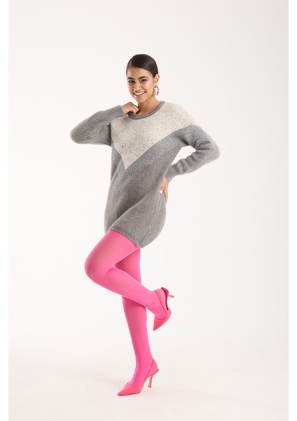 Kadın Gri Simli Sakal Iplik Renk Bloklu Bisiklet Yaka Triko Kazak