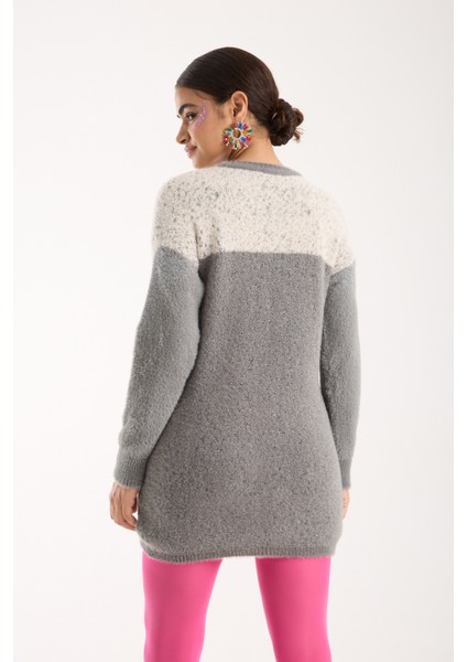 Kadın Gri Simli Sakal Iplik Renk Bloklu Bisiklet Yaka Triko Kazak fiyatları