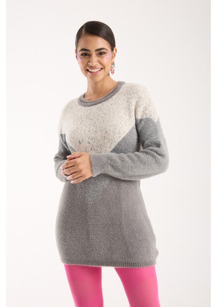 Kadın Gri Simli Sakal Iplik Renk Bloklu Bisiklet Yaka Triko Kazak modelleri