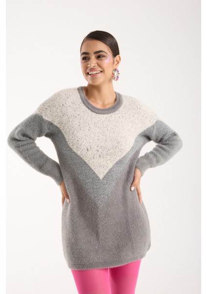 Kadın Gri Simli Sakal Iplik Renk Bloklu Bisiklet Yaka Triko Kazak fırsatları