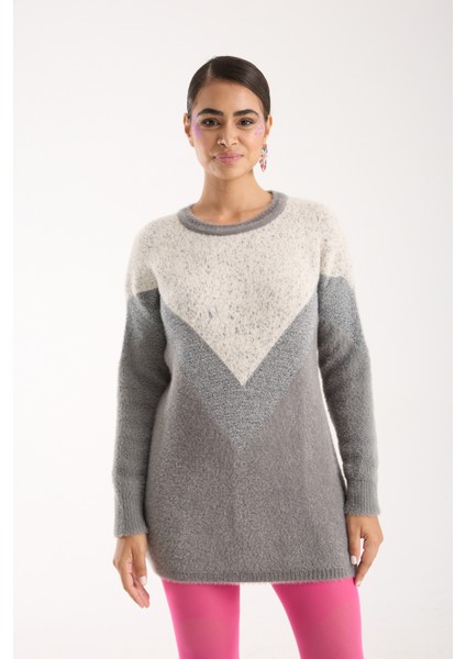 Kadın Gri Simli Sakal Iplik Renk Bloklu Bisiklet Yaka Triko Kazak indirimleri