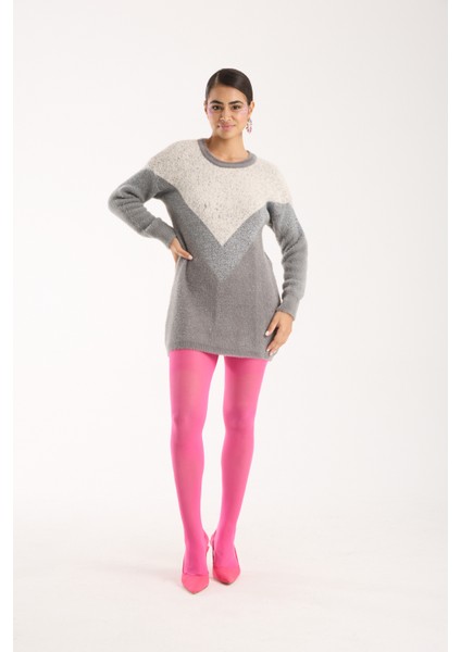 Kadın Gri Simli Sakal Iplik Renk Bloklu Bisiklet Yaka Triko Kazak