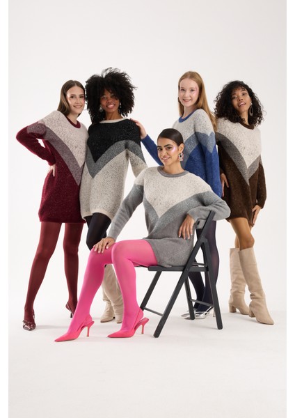 Kadın Gri Simli Sakal Iplik Renk Bloklu Bisiklet Yaka Triko Kazak