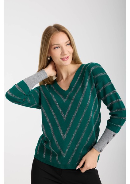 Kadın Koyu Yeşil Simli V Yaka Kazak fiyatları