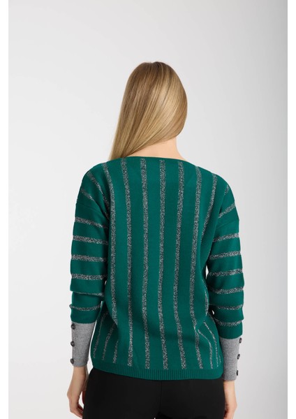 Kadın Koyu Yeşil Simli V Yaka Kazak fırsatları