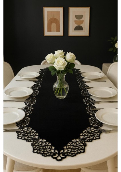 Siyah Kadife Kumaş Runner Sehpa Boyu 40X100 Cm