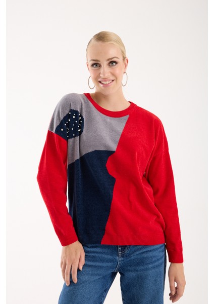 Kadın Kırmızı Şönil Kadife Renk Bloklu Taş Detaylı Bisiklet Yaka Triko Kazak