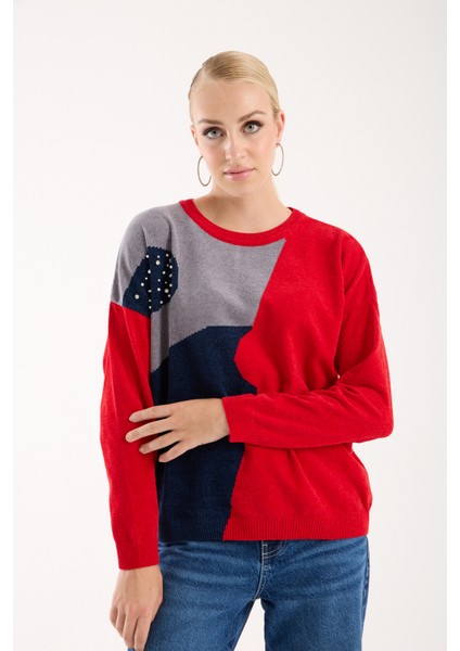 Kadın Kırmızı Şönil Kadife Renk Bloklu Taş Detaylı Bisiklet Yaka Triko Kazak fiyatları