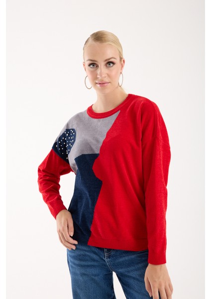 Kadın Kırmızı Şönil Kadife Renk Bloklu Taş Detaylı Bisiklet Yaka Triko Kazak modelleri