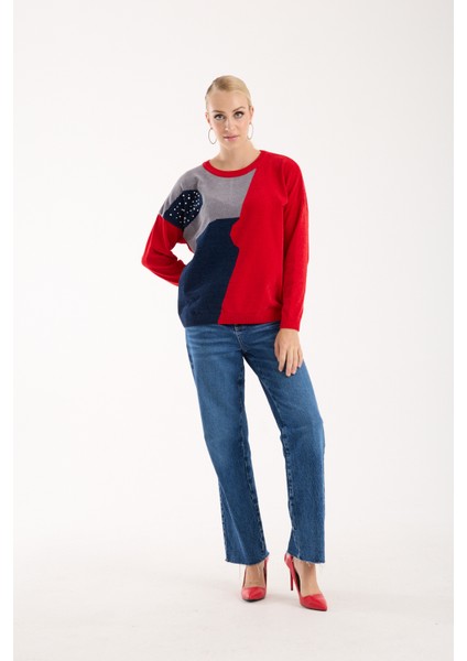 Kadın Kırmızı Şönil Kadife Renk Bloklu Taş Detaylı Bisiklet Yaka Triko Kazak