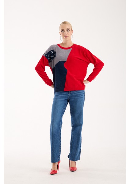 Kadın Kırmızı Şönil Kadife Renk Bloklu Taş Detaylı Bisiklet Yaka Triko Kazak