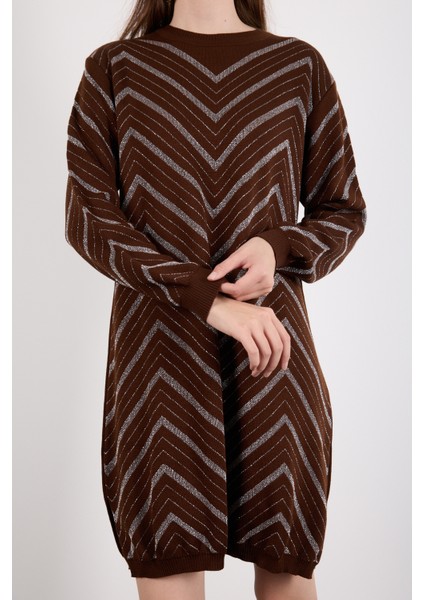 Kadın Acı Kahve Yan Yırtmaçlı Bisiklet Yaka Sim Desenli Triko Bluz modelleri