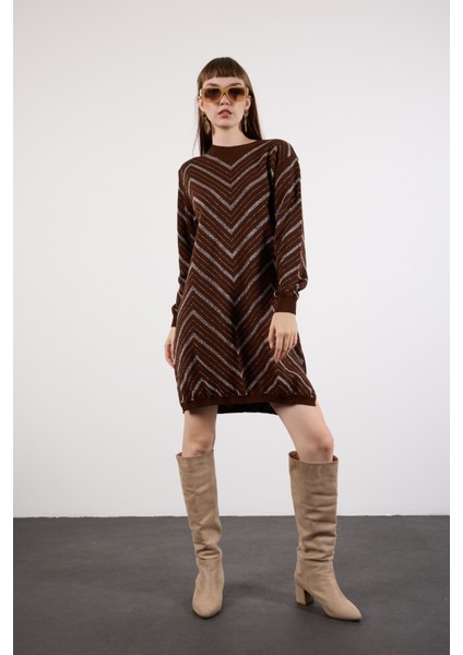 Kadın Acı Kahve Yan Yırtmaçlı Bisiklet Yaka Sim Desenli Triko Bluz fırsatları