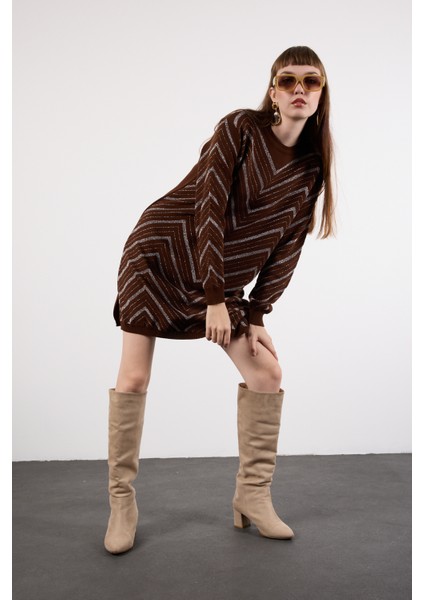 Kadın Acı Kahve Yan Yırtmaçlı Bisiklet Yaka Sim Desenli Triko Bluz indirimleri