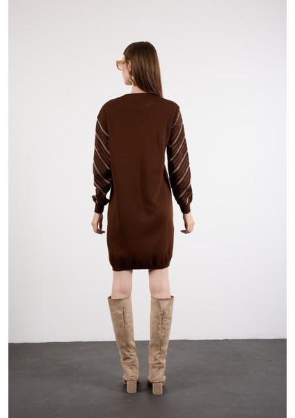 Kadın Acı Kahve Yan Yırtmaçlı Bisiklet Yaka Sim Desenli Triko Bluz