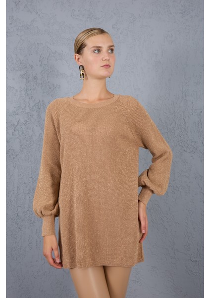 Kadın Bej Reglan Balon Kollu Bisiklet Yaka Simli Triko Kazak
