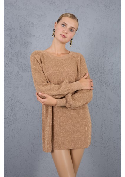 Kadın Bej Reglan Balon Kollu Bisiklet Yaka Simli Triko Kazak fiyatları