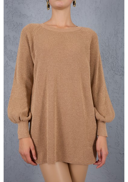 Kadın Bej Reglan Balon Kollu Bisiklet Yaka Simli Triko Kazak modelleri