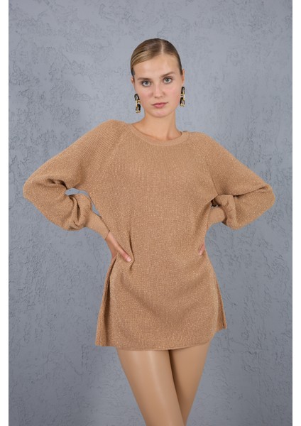 Kadın Bej Reglan Balon Kollu Bisiklet Yaka Simli Triko Kazak fırsatları