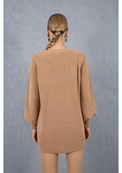 Kadın Bej Reglan Balon Kollu Bisiklet Yaka Simli Triko Kazak indirimleri