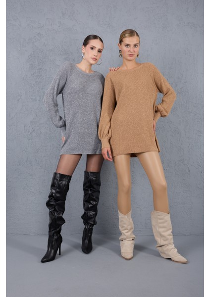 Kadın Bej Reglan Balon Kollu Bisiklet Yaka Simli Triko Kazak