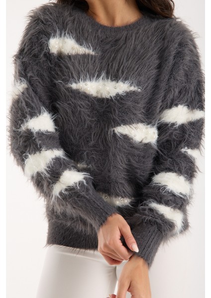 Kadın Füme Sakal Iplik Taş ve Inci Detaylı Bisiklet Yaka Triko Kazak modelleri