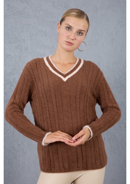 Kadın Kahve Sakal Iplik Kontrast Biyeli V Yaka Triko Kazak fiyatları
