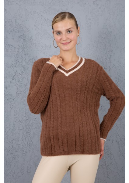 Kadın Kahve Sakal Iplik Kontrast Biyeli V Yaka Triko Kazak modelleri