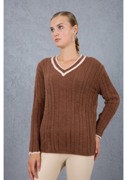 Kadın Kahve Sakal Iplik Kontrast Biyeli V Yaka Triko Kazak fırsatları