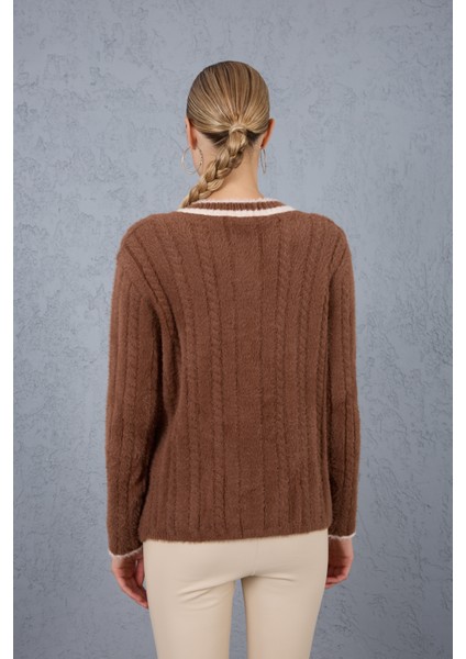 Kadın Kahve Sakal Iplik Kontrast Biyeli V Yaka Triko Kazak indirimleri