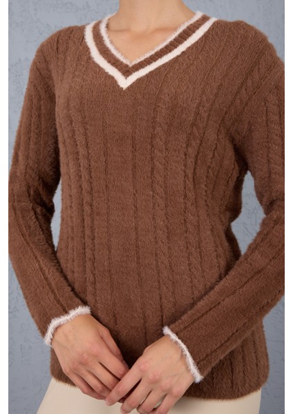Kadın Kahve Sakal Iplik Kontrast Biyeli V Yaka Triko Kazak