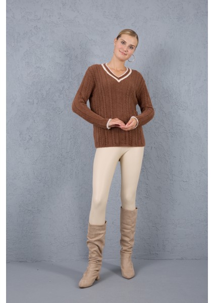 Kadın Kahve Sakal Iplik Kontrast Biyeli V Yaka Triko Kazak
