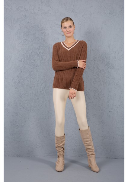Kadın Kahve Sakal Iplik Kontrast Biyeli V Yaka Triko Kazak
